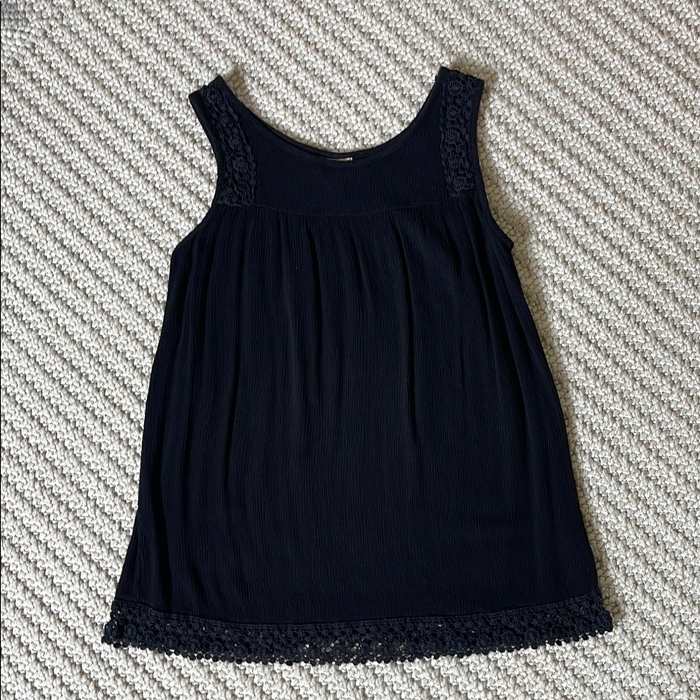 Black Pleated Tank Top with Lace Details